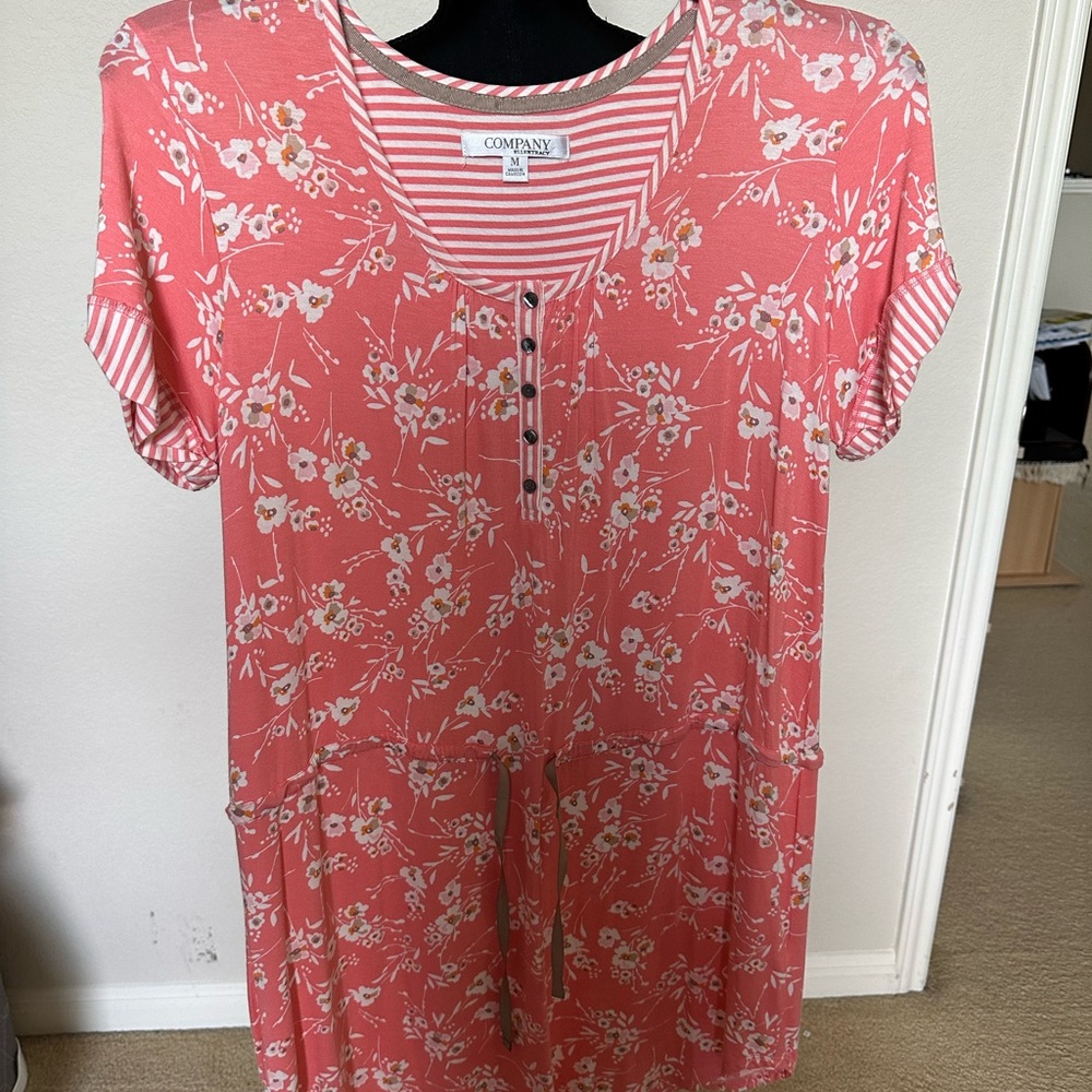 Ellen Tracy Company Pink&White Scoop Neck Drawstring Short Sleeve Dress sz M New